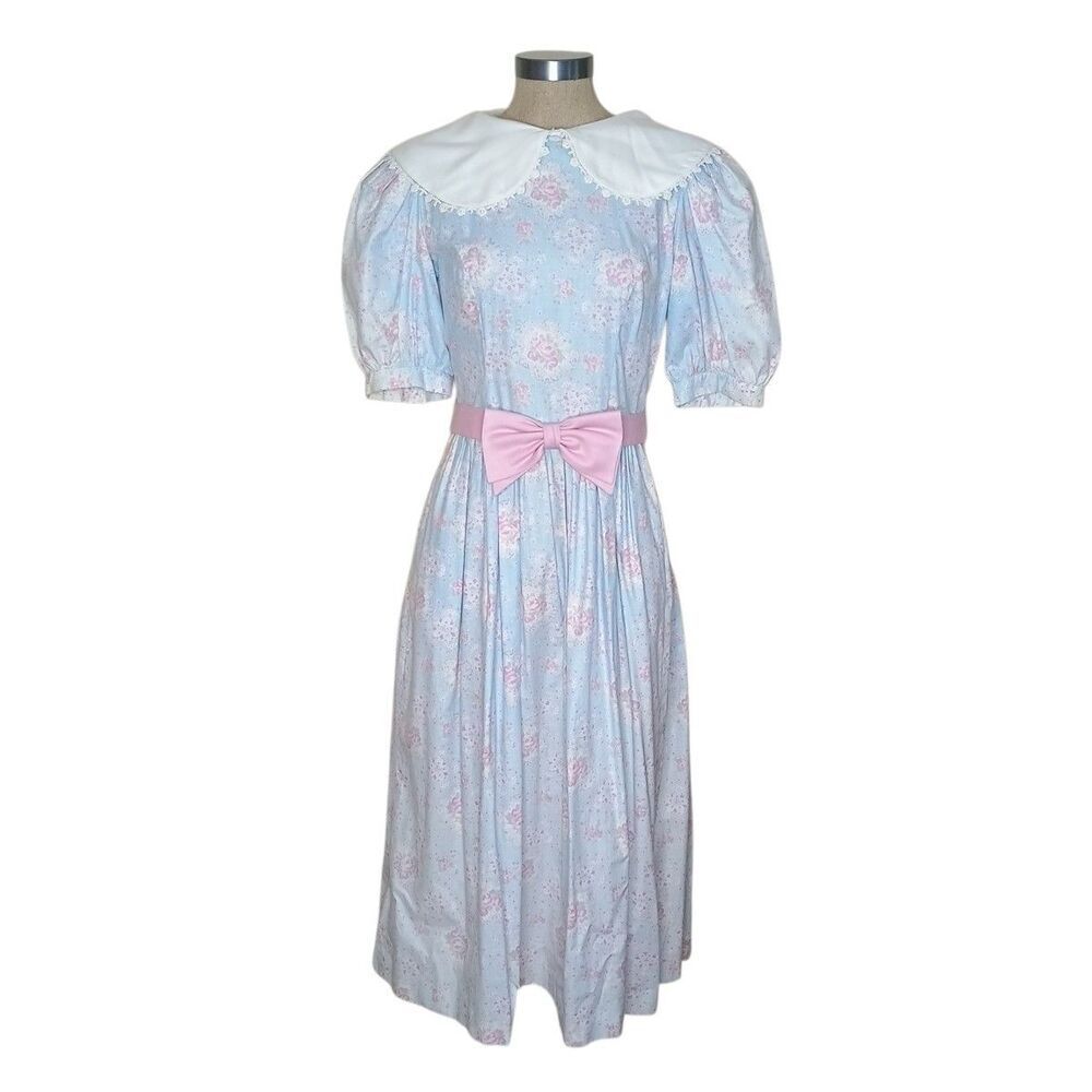 Vtg Lanz Originals 80s Dress Sz 8 Blue Pink Floral Cottagecore Belt Pockets READ - Picture 1 of 11